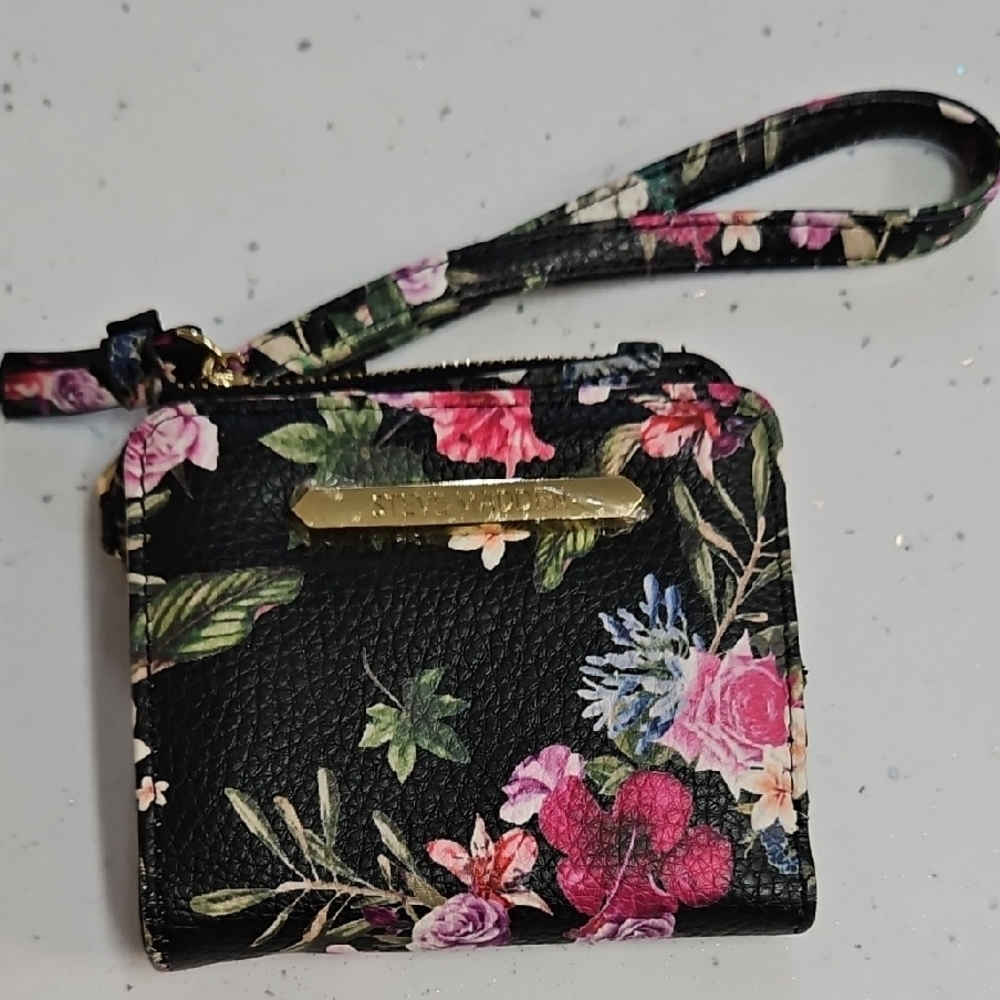 Steve Madden Black and Pink Floral Wristlet Wallet